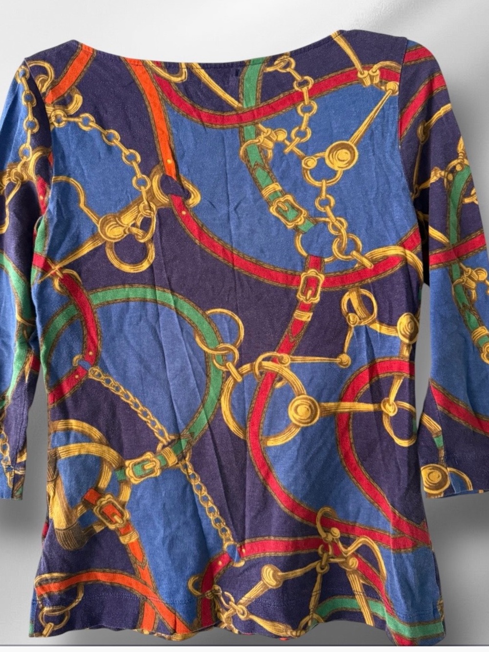 Ralph Lauren Blue Gold Chain Belt Print Boatneck Shirt Sz S - Picture 2 of 4